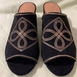 Restricted Black and Tan Embroidered Mules